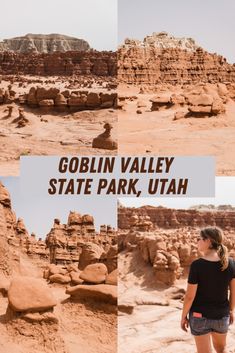 a woman standing on top of a sandy beach next to mountains and rocks with text overlay that reads gobin valley state park, utah