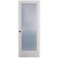 a white door with frosted glass and black knobs on the bottom half of it