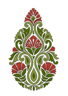 an ornate design with red flowers and green leaves on a white background in the shape of a tear