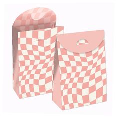 two pink and white checkered paper bags