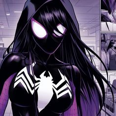 a woman with long black hair and purple eyes wearing a spider suit in an office building