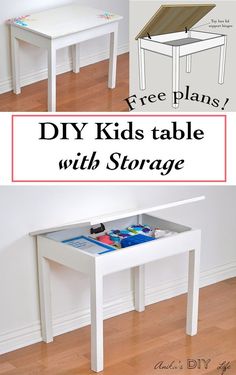 the diy kids'table with storage is shown in two different pictures and has text overlay that says, free plans