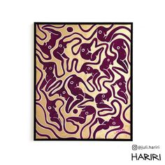 an abstract painting in purple and gold on a white background with black border around it