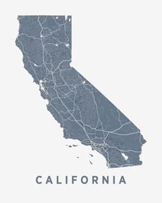 a map of the state of california with all roads and major cities in blue on a white background