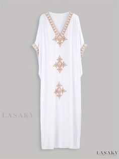 Lasaky - Stylish Plus Size Kaftan Dress: Womens Plus Solid Floral Embroidery Batwing Sleeve Maxi Jalabiya Dress with V-Neck Kaftan Moroccan Caftan, Jalabiya Dress, Modern Kaftan, White Kaftan, Arabic Dress, Moroccan Caftan, Stylish Plus, Kaftan Dress, Batwing Sleeve