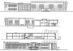 three different architectural drawings showing the front and back sides of a building with multiple windows