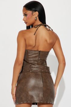 Available In Brown. Faux Leather Mini Dress Halter Sweetheart Neckline Belted O-Ring Hidden Back Zipper Lined Stretch Shell: 100% Polyurethane Lining: 95% Polyester 5% Spandex Imported | Evelyn Faux Leather Mini Dress in Brown size Small by Fashion Nova Fitted Sleeveless Faux Leather Mini Dress, Fitted Faux Leather Mini Dress For Date Night, Fitted Faux Leather Club Dress, Fitted Faux Leather Dress For Club, Fitted Faux Leather Dress, Fitted Faux Leather Brown Mini Dress, Brown Faux Leather Mini Dress For Date Night, Fitted Brown Faux Leather Mini Dress, Brown Faux Leather Mini Dress For Spring