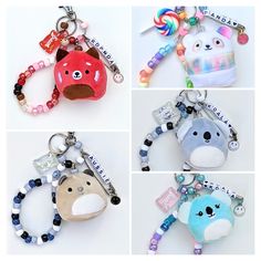 four different keychains with various designs on them, including a stuffed animal and other items