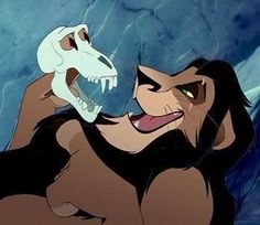 the lion king is holding a skull in his hand