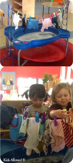 two pictures of children playing with clothes on a trampoline in a playroom