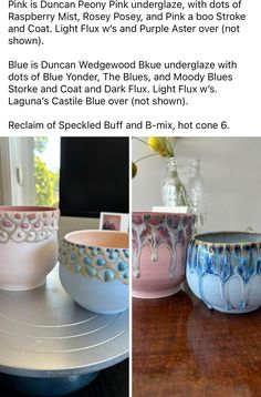 three different bowls with designs on them sitting on a table