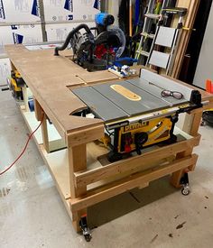 a workbench with a table saw on it