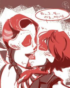 a drawing of two people with red hair and make - up, one is kissing the other