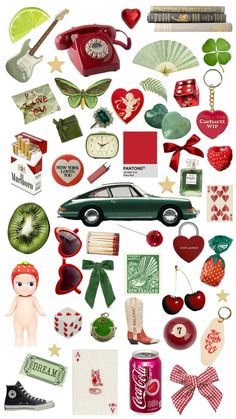 a collage of various items that include an old car, apple, and other things