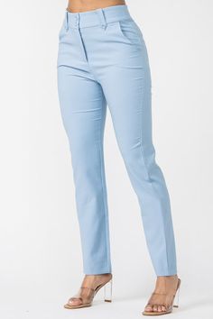 Non-stretch Straight Leg Light Blue Bottoms, Non-stretch Light Blue Straight Leg Bottoms, Light Blue Non-stretch Mid-rise Pants, Blue Mid-rise Jeans For Business Casual, Light Blue Non-stretch Straight Leg Pants, Mid-rise Blue Jeans For Business Casual, Spring High Waist Stretch Work Pants, High Waist Stretch Work Pants For Spring, Light Blue Straight Leg Pants For Work