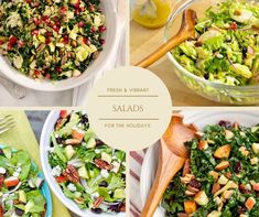 four different salads in bowls with wooden spoons