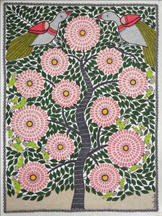 an art work with flowers and birds on the tree, in pinks and greens