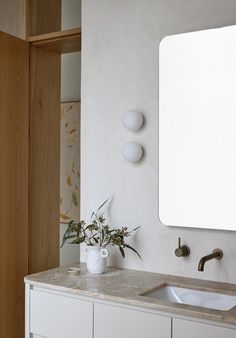 a bathroom with a sink, mirror and plant on the counter top in front of it