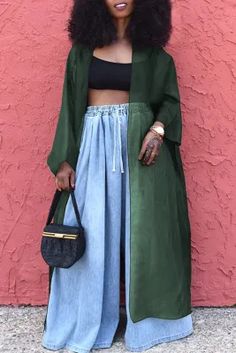 Green Casual Solid Patchwork Outerwear Solid Midi Dress, Mesh Jacket, Casual Outerwear, Long Kimono, Patchwork Designs, Looks Style, Casual Elegance, Batwing Sleeve, Olivia Mark