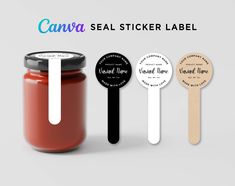 an image of some stickers that are on the side of a jar and two spoons next to it