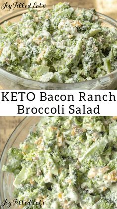 broccoli salad in a glass bowl with the words keto bacon ranch broccoli salad