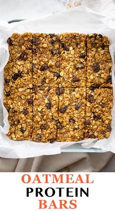 oatmeal protein bars are stacked on top of each other with text overlay