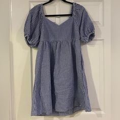 Never Worn-Brand New Condition Dark Blue Plaid Dress, Casual Puff Sleeve Mini Dress For Picnic, Blue Cotton Midi Dress For Picnic, Dark Blue Plaid, Navy Sundress, Womens Navy Dress, Maternity Black Dress, Blue Sundress, Blue Plaid Dress