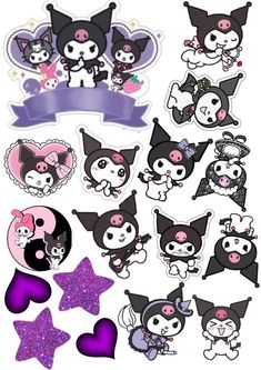 some stickers that are on the side of a white board with purple hearts and cats