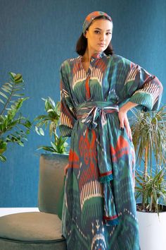 Green and Blue Abira Silk Ikat Kaftan Dress – NOMADIC Mandarin Dress, Silk Cape, Goddess Gown, Ikat Dress, Silk Kaftan, Silk Ikat, One Clothing, Kaftan Dress, Maxi Wrap Dress