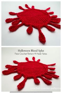 crocheted halloween blood splats with text that reads, free crochet pattern