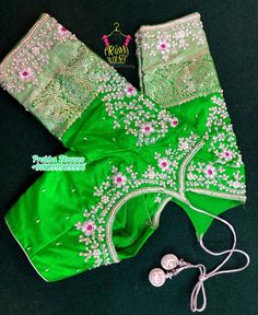 Green Blouse Silver Maggam Work, Parrot Green Blouse Design, Mirror Blouse Design, Light Green Blouse, Green Blouse Designs, Maggam Designs, Pink Blouse Designs