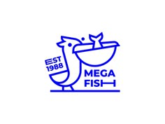 the logo for mega fish is shown in blue on a white background with an image of a