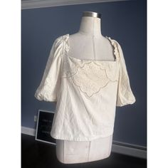 Nwt Express Eyelit Lace Front Design, Back Elastic Large Short Puffy Sleeves Xl Off White/Cream Color Goes With Everything White Feminine Top With Square Neck, Feminine White Top With Square Neck, White Feminine Square Neck Top, Feminine White Square Neck Top, Feminine Lace Top With Square Neck, Off White Cotton Short Sleeve Blouse, Cream Tops With Lace Trim For Day Out, Chic Square Neck Top With Lace Trim, Chic Square Neck Tops With Lace Trim