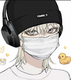 an anime character wearing headphones and a face mask with a rubber duck in the background