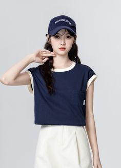 Blue Color Block Sleeveless T-Shirt Blue S Sweet T, Sleeveless Tshirt, Korean Outfits, Oversized Tshirt, Types Of Shirts, Neck T Shirt, Black Men, Color Block, Print T Shirt