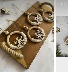 two pictures side by side, one with snowflakes and the other with wooden hoops