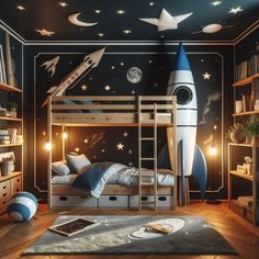 a child's bedroom with a rocket ship and stars painted on the wall