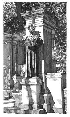 an ink drawing of a statue in the middle of a park