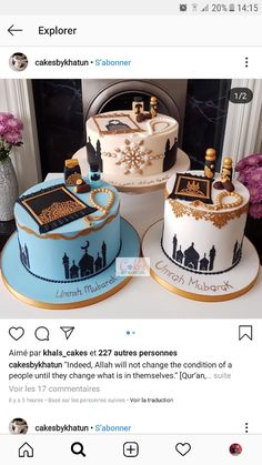 two cakes with different designs on them sitting on top of a table next to each other