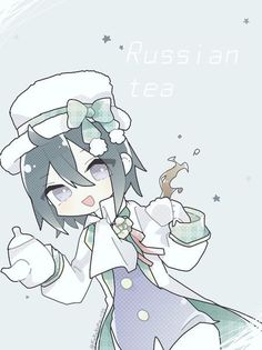 an anime character holding a cup and pointing to the side with her hand in front of her face