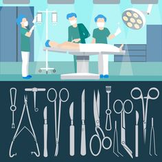 doctors in the operating room with surgical instruments and equipment on display for medical workers to see