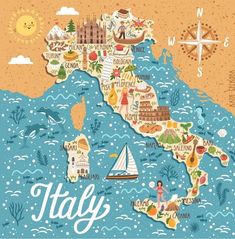 an illustrated map of italy with all the major cities and towns in each country's capital