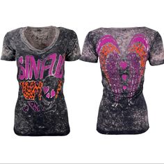 Sinful By Affliction Women's T-Shirt Lovely Biker Tattoo Brand: Affliction Color: Black Lava Wash Style: Lovely / S2940 Material: 100% Cotton Detail: V-Neck Shirt, Printed In Front & Back, Design In Usa, Country Of Manufacture: Usa Pink Distressed Graphic Tee, Fitted Acid Wash Distressed Top, Fitted Acid Wash Top For Streetwear, Fitted Distressed Punk T-shirt, Edgy Distressed Fitted T-shirt, Distressed Fitted Punk T-shirt, Pink Skull Print T-shirt For Summer, Summer Pink Skull Print T-shirt, Summer Pink T-shirt With Skull Print