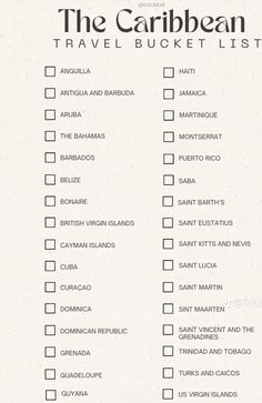 the caribbean travel bucket list is shown in black and white, with words on it