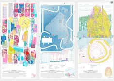 three pages with different colored drawings and text on them, including an image of a park