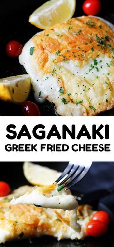 this is an image of sagganaki greek fried cheese with lemons and cherry tomatoes