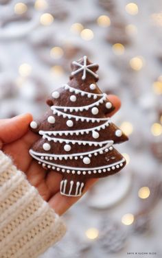 a hand holding a chocolate christmas tree cookie