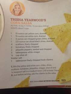 the menu for trisha verarwood's corn salsa