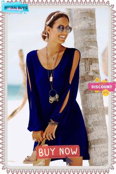 Dress Deep V-neck Loose Shoulder Long Sleeve Casual Beach Dress Long Sleeve Mini Dress For Brunch During Beach Season, Solid Color Beach Dress For Spring, Long Sleeve Solid Color Mini Dress For Beach, Bohemian Solid Color Dresses For Vacation, Casual Solid Color Mini Dress For Beach, Casual V-neck Mini Dress For Vacation, Chic Solid Color Mini Dress For The Beach, Summer Mini Dress In Solid Color For Vacation, Flowy Solid Color Mini Dress For Summer