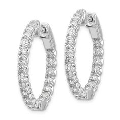 Rhodium over 14K white gold in and out hoop earrings with 2 cttw round lab grown diamonds and polished finish. Lab grown diamonds are of SI+ clarity and H+ color grade. Measures approximately 1 1/8"L x 1 1/8"W and have post, notch and lock closures. Fine Jewelry Round Cut Hoop Earrings With Prong Setting, Classic Diamond Cut Diamond White Hoop Earrings, Diamond White Platinum Hoop Jewelry, White Cubic Zirconia Hoop Earrings With Diamond Cut, White Diamond Hoop Earrings With Diamond Accents, White Diamond Cut Hoop Earrings, Diamond White Platinum Hoop Earrings, White Round Cut Hoop Earrings, Fine Jewelry, Dazzling White Round Cut Hoop Earrings